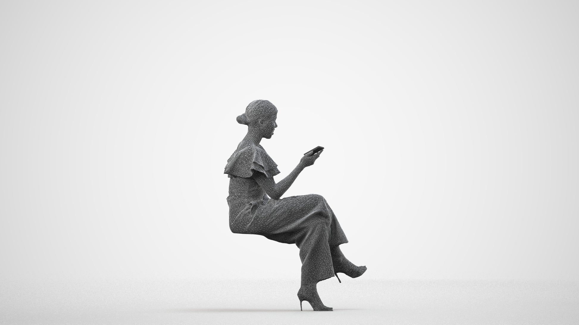 scanned 3D woman business sitting, photogrammetry people for Enscape and V-Ray, wireframe side view