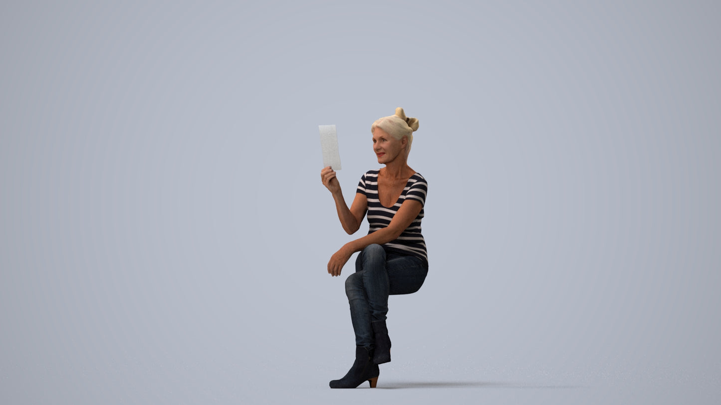 3D scanned senior woman sitting casual, photorealistic archviz people for Enscape and SketchUp, three-quarter view render