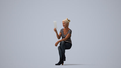3D scanned senior woman sitting casual, photorealistic archviz people for Enscape and SketchUp, three-quarter view render