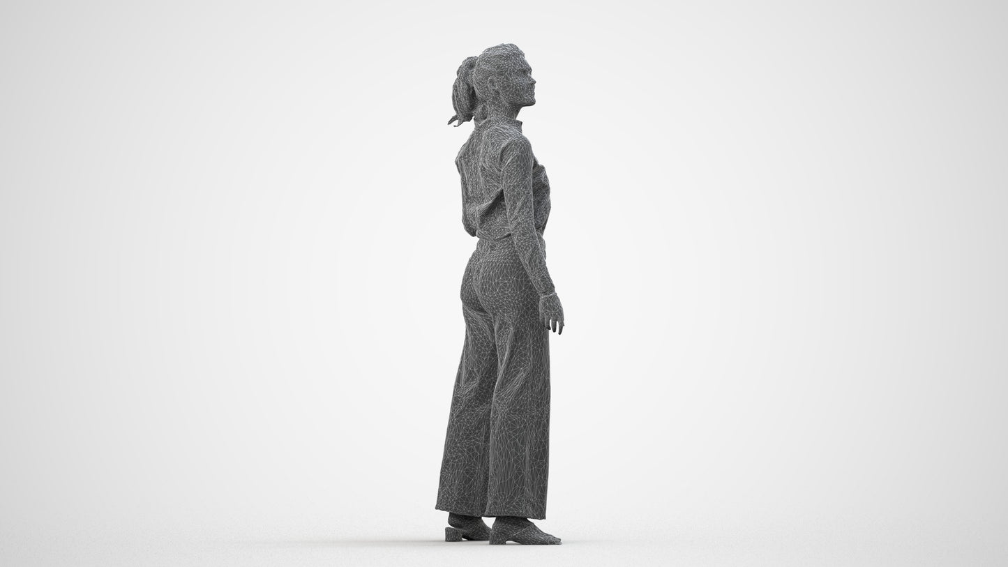 3D scanned woman standing casual, photorealistic archviz people for Enscape and SketchUp, wireframe side view