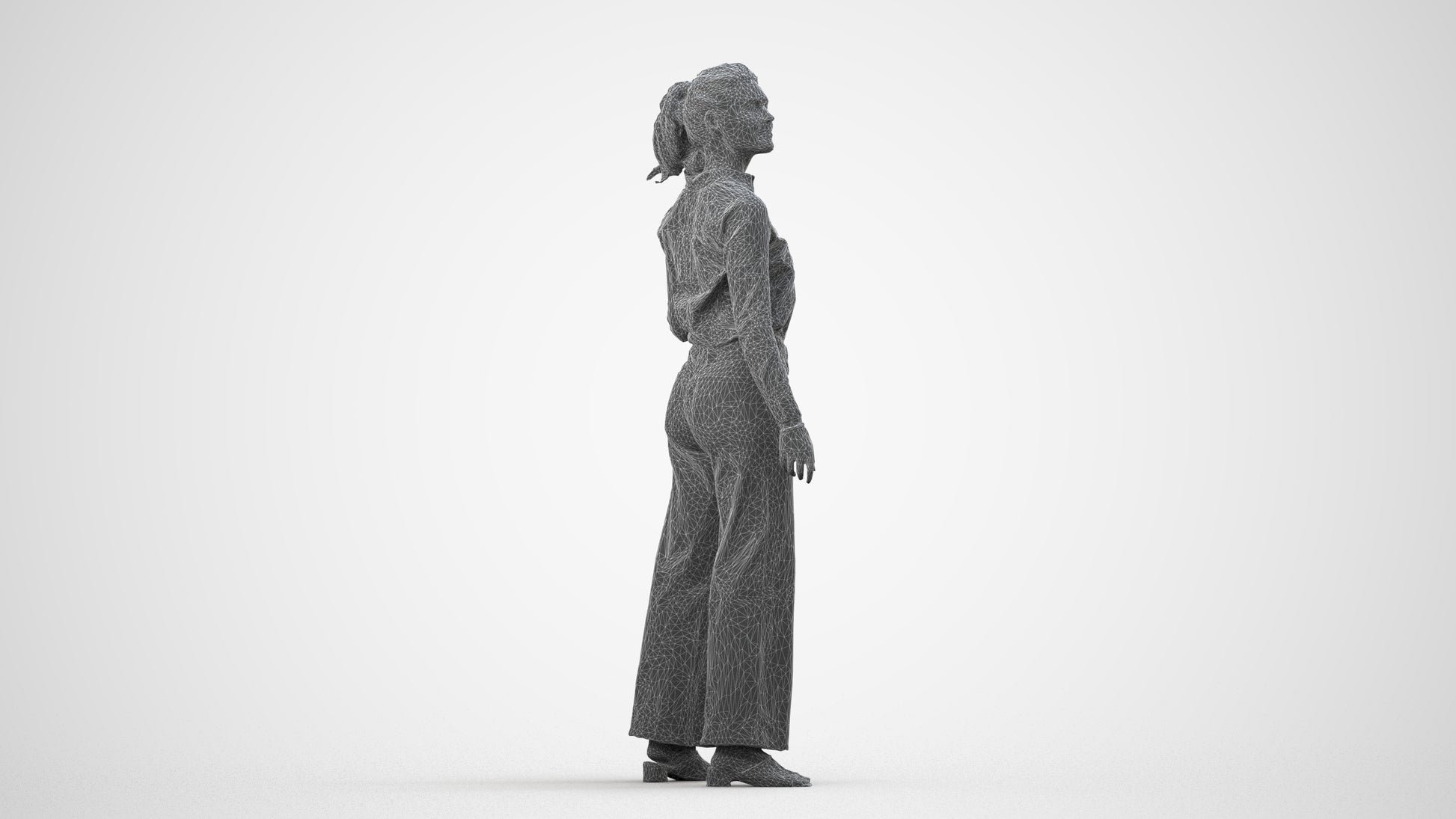 3D scanned woman standing casual, photorealistic archviz people for Enscape and SketchUp, wireframe side view