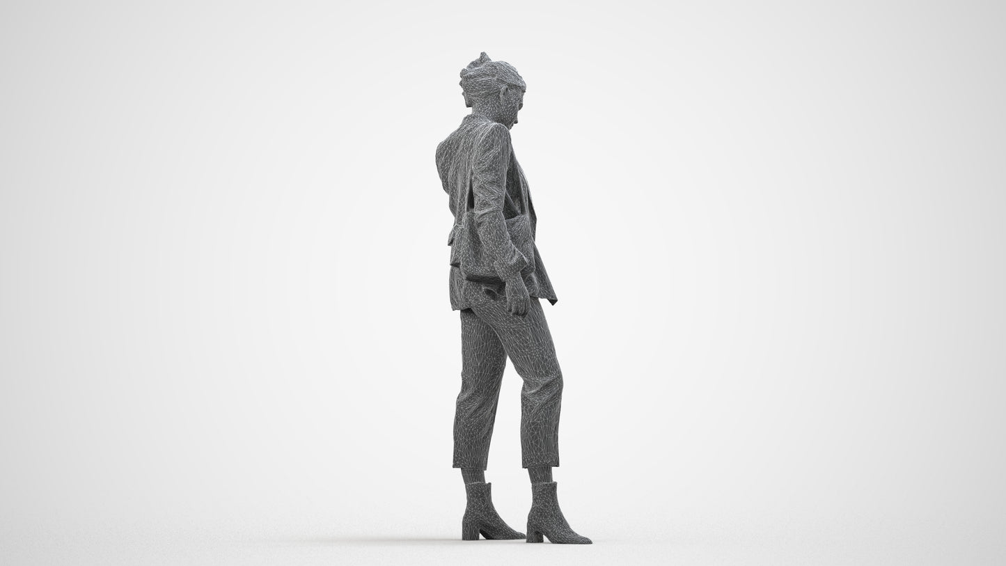 3D human model woman business standing, photogrammetry scanned person for archviz, wireframe side view