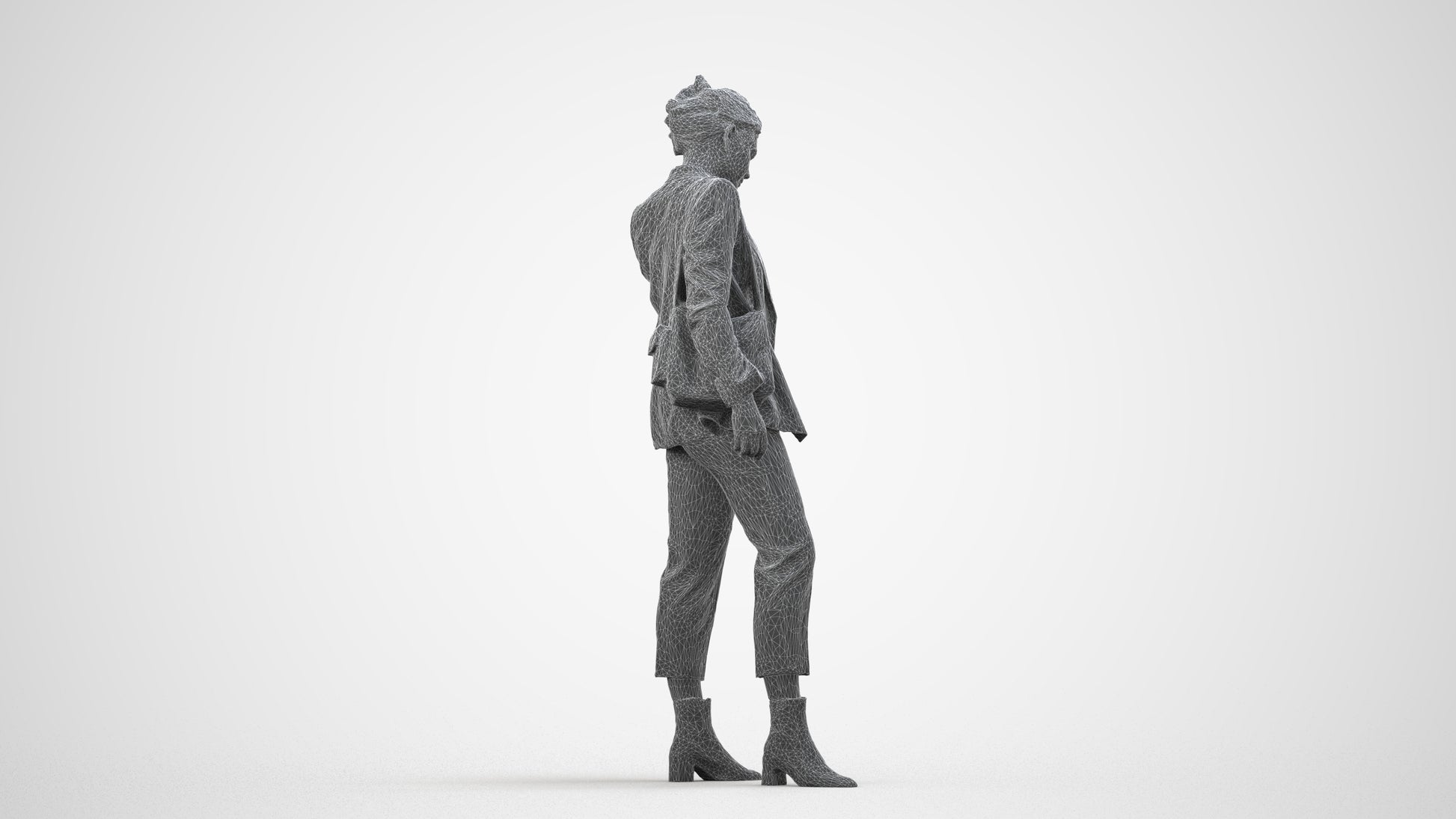 3D human model woman business standing, photogrammetry scanned person for archviz, wireframe side view
