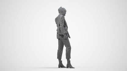 3D human model woman business standing, photogrammetry scanned person for archviz, wireframe side view