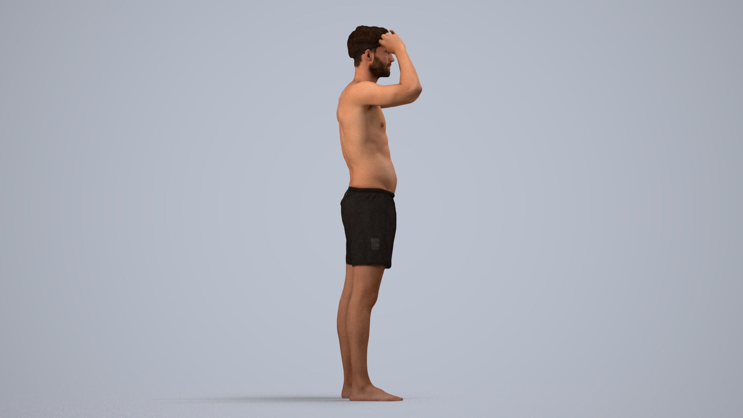 realistic 3D human man pool, archviz people FBX OBJ for Blender, side view render
