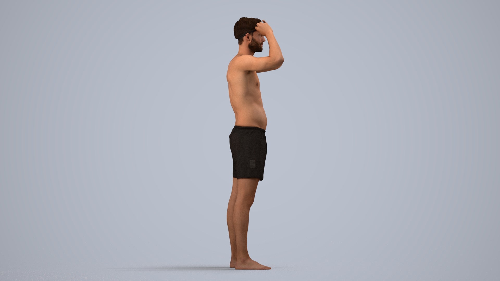 realistic 3D human man pool, archviz people FBX OBJ for Blender, side view render