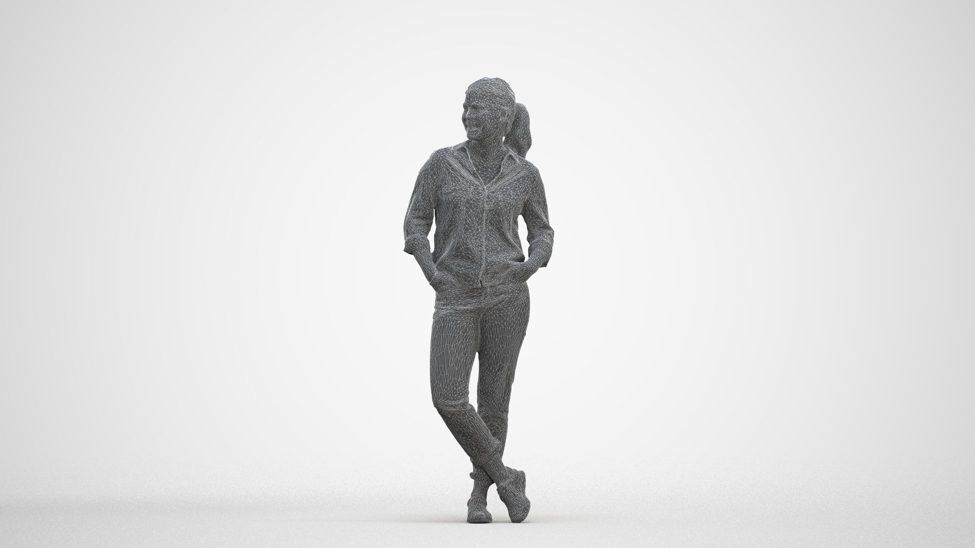 3D scanned woman standing casual, photorealistic archviz people for Enscape and SketchUp, three-quarter front view render