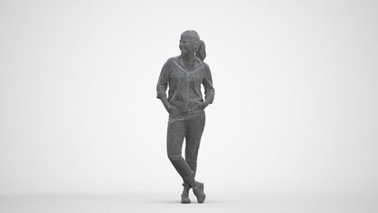 3D scanned woman standing casual, photorealistic archviz people for Enscape and SketchUp, three-quarter front view render