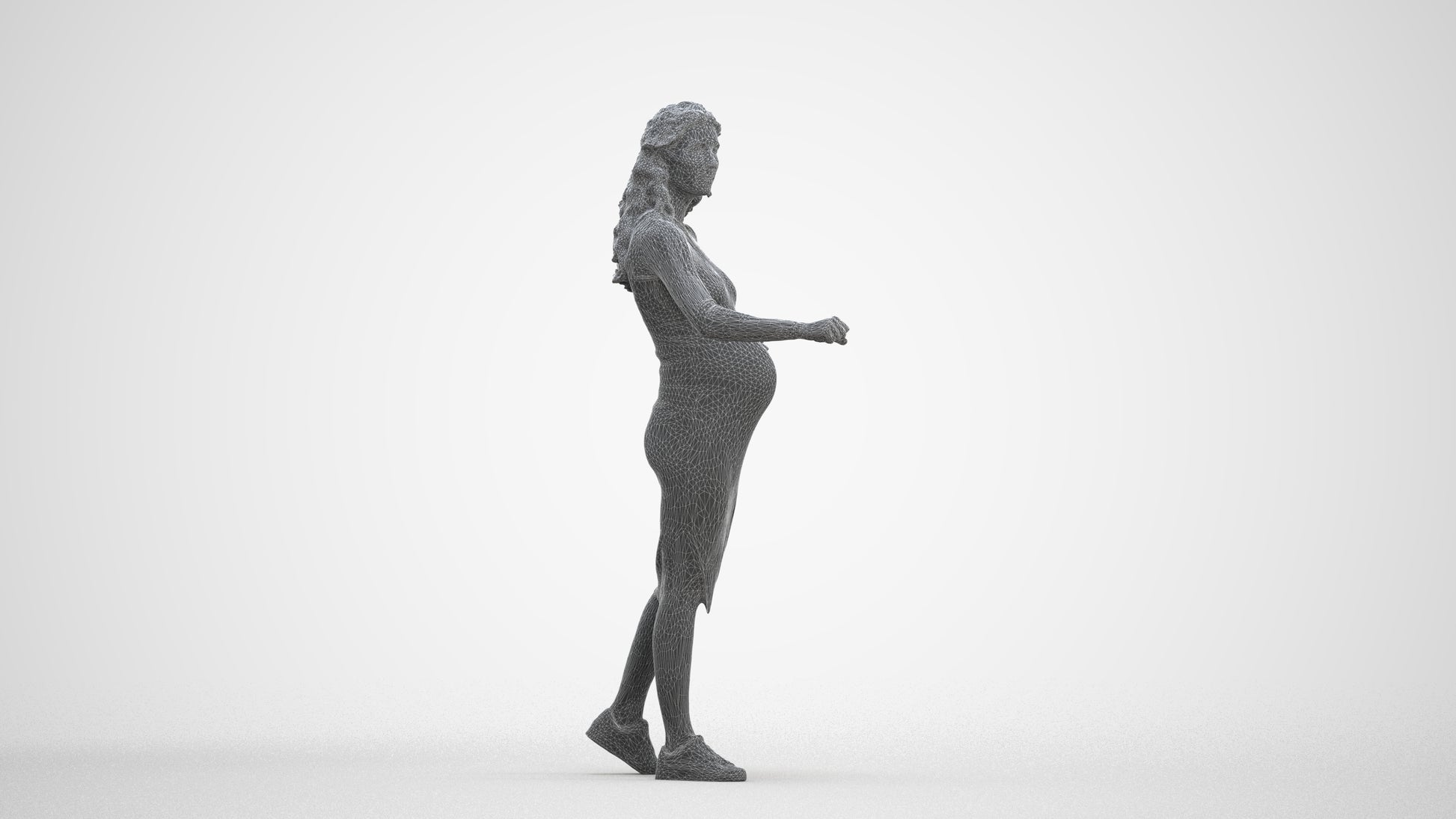 3D human model woman casual standing, photogrammetry scanned person for archviz, three-quarter front view render