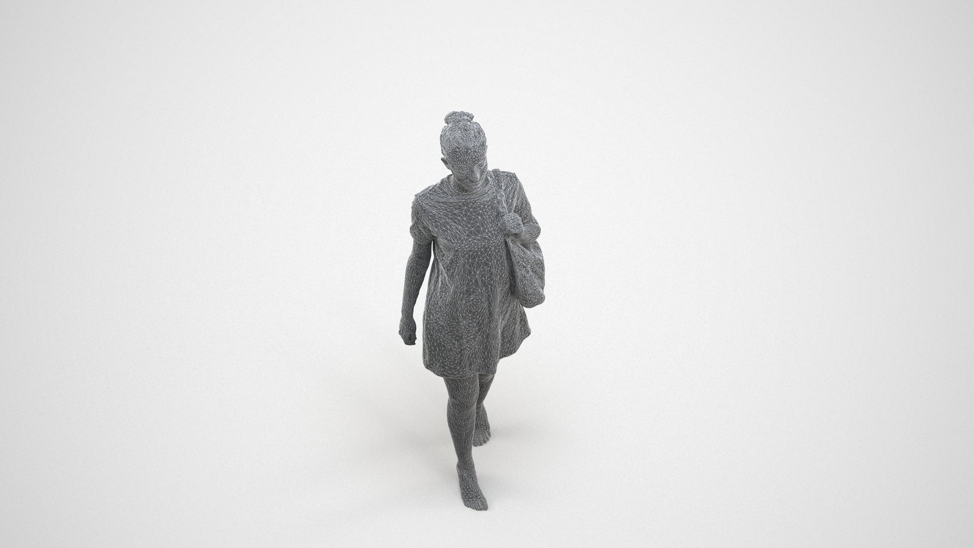 3D scanned woman walking casual, photorealistic archviz people for Enscape and SketchUp, wireframe three-quarter view