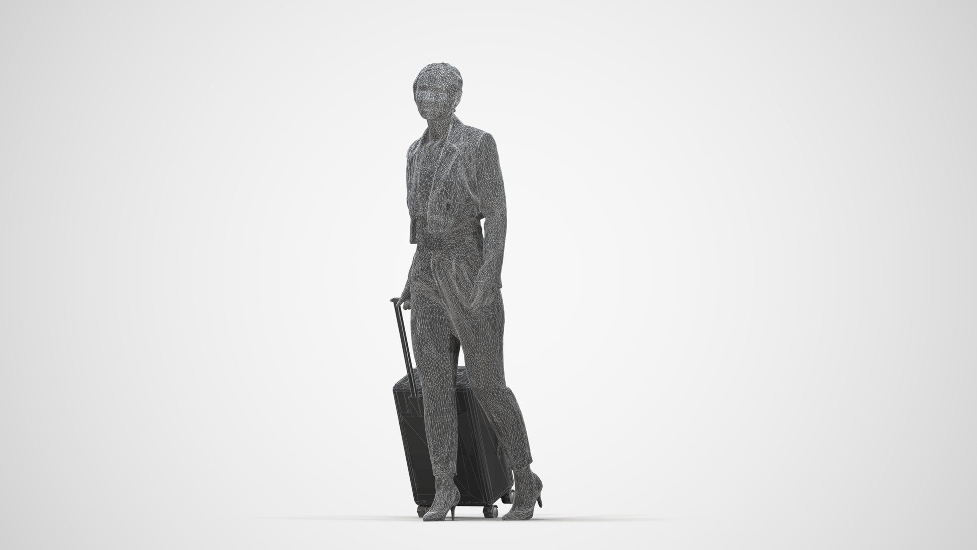 3D human model woman business, photogrammetry scanned person for archviz, wireframe back view
