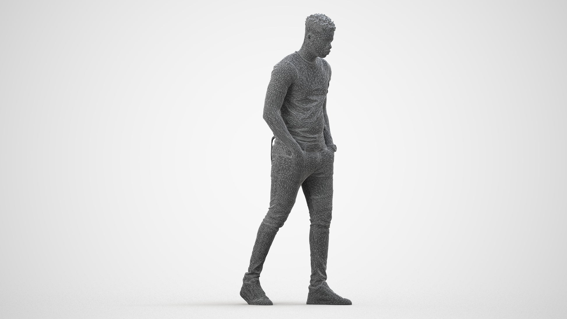 realistic 3D human man casual walking, archviz people FBX OBJ for Blender, wireframe side view