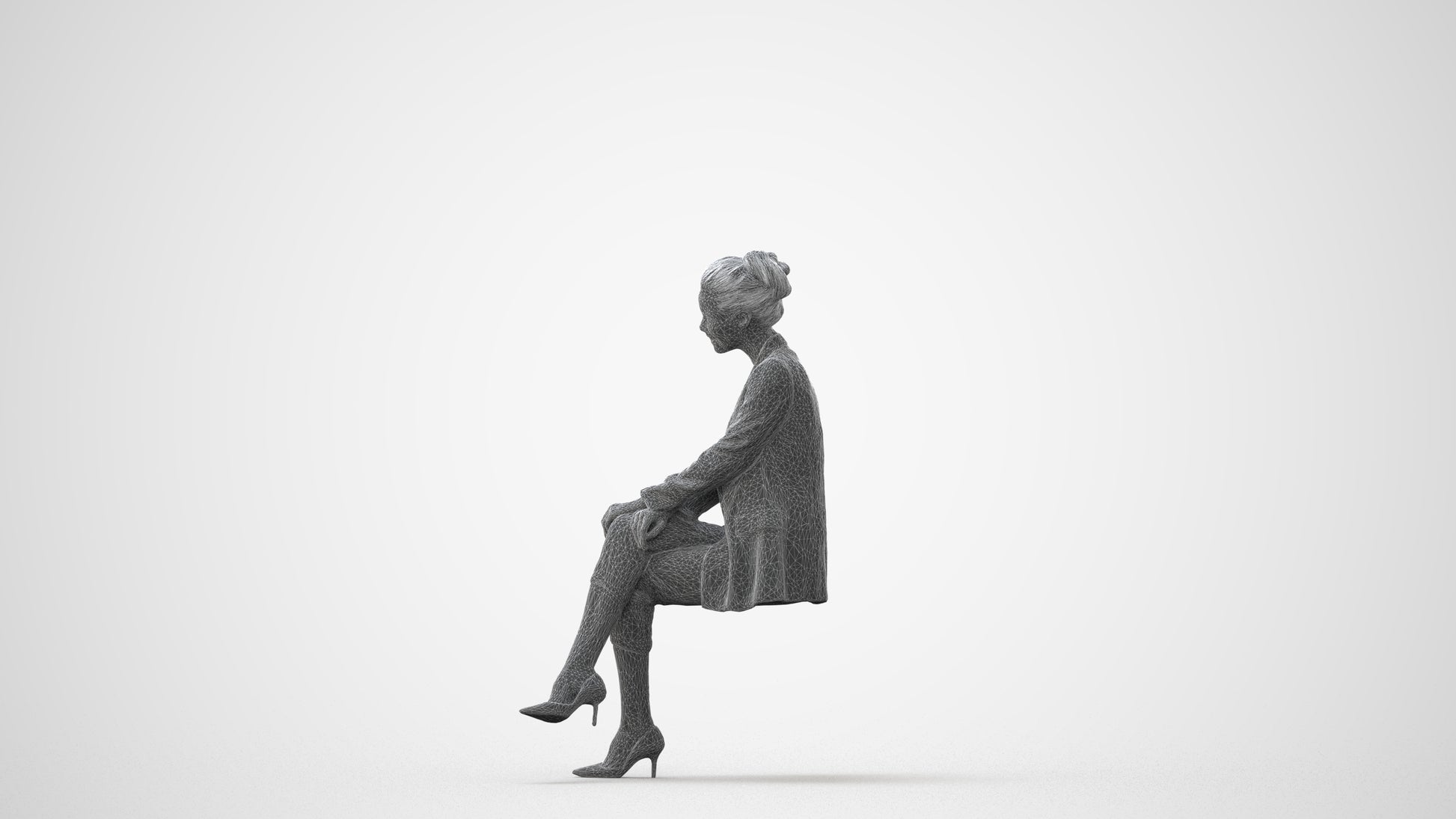 3D human model woman business sitting, photogrammetry scanned person for archviz, square thumbnail