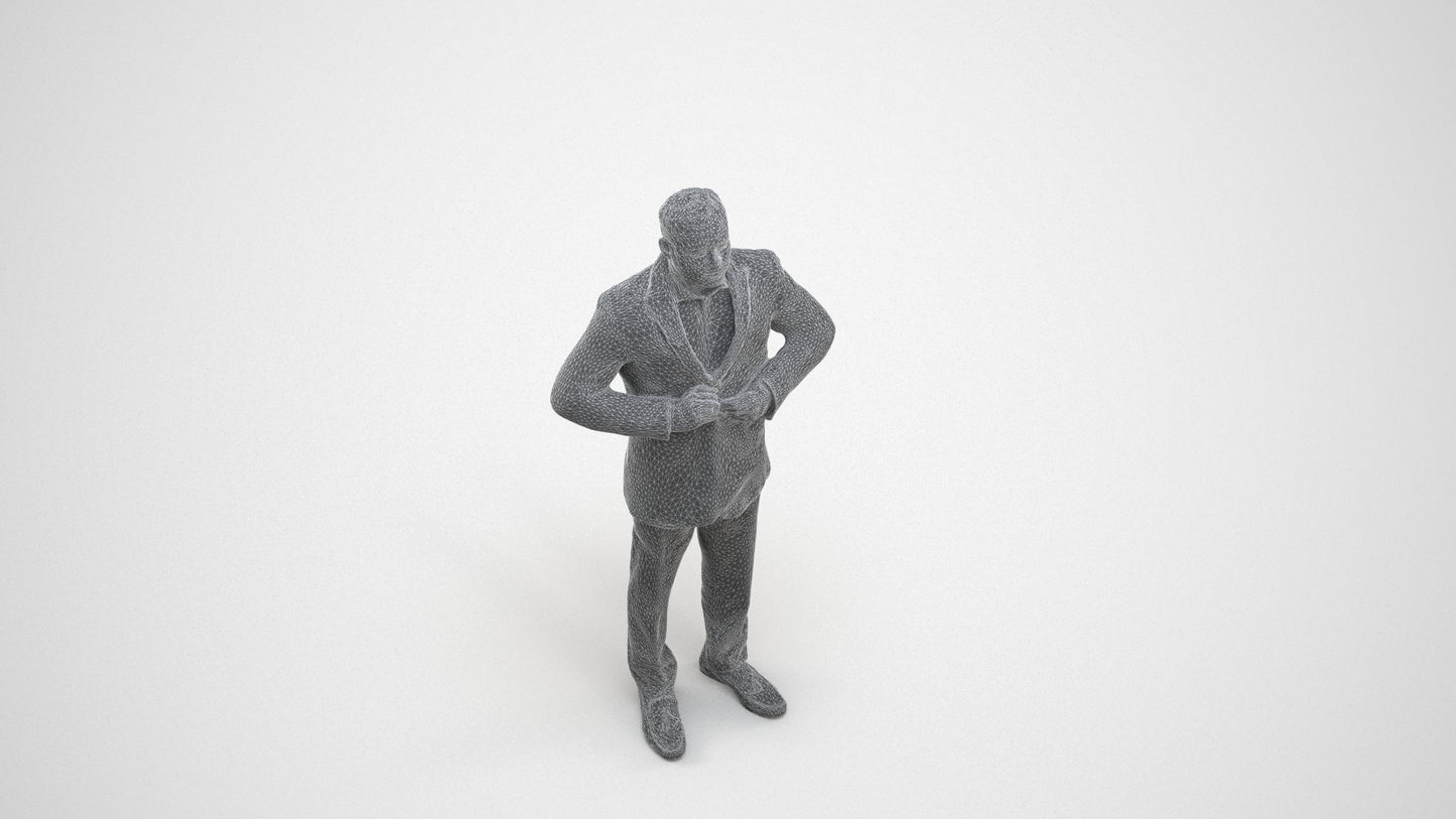 realistic 3D human man business standing, archviz people FBX OBJ for Blender, wireframe three-quarter view
