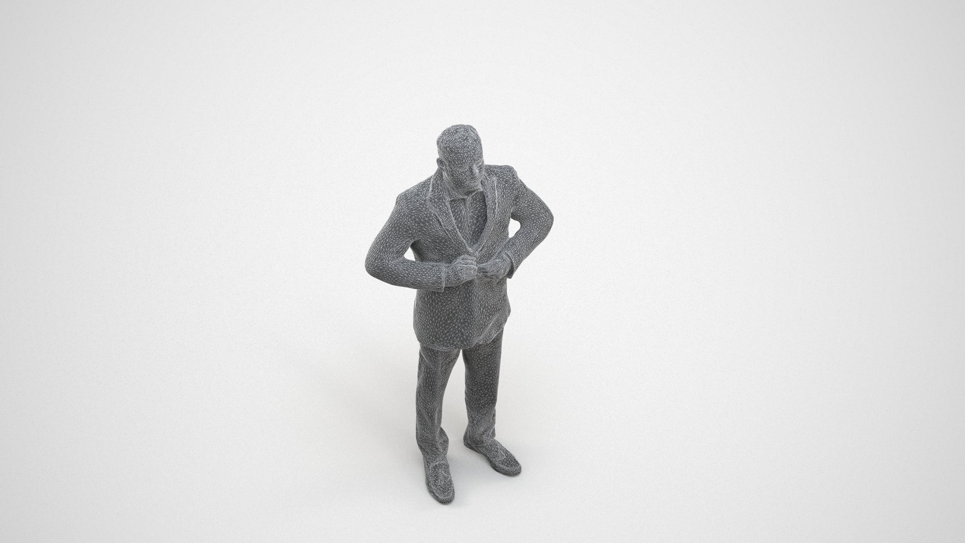 realistic 3D human man business standing, archviz people FBX OBJ for Blender, wireframe three-quarter view
