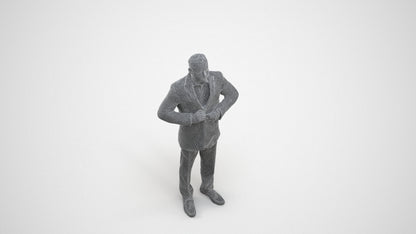 realistic 3D human man business standing, archviz people FBX OBJ for Blender, wireframe three-quarter view