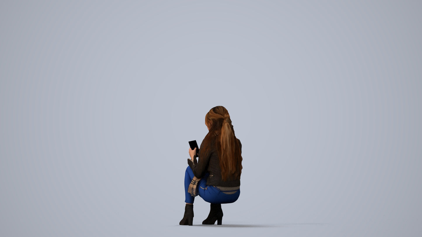 photogrammetry 3D woman casual sitting, realistic human model archviz FBX, three-quarter view render