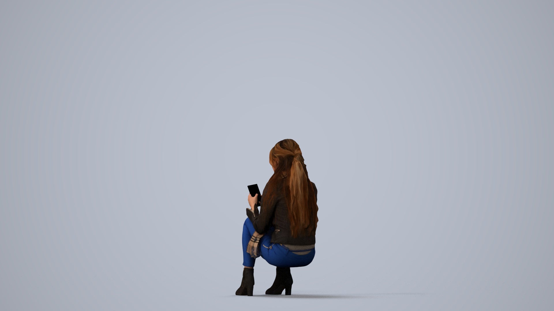 photogrammetry 3D woman casual sitting, realistic human model archviz FBX, three-quarter view render