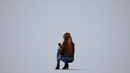 photogrammetry 3D woman casual sitting, realistic human model archviz FBX, three-quarter view render
