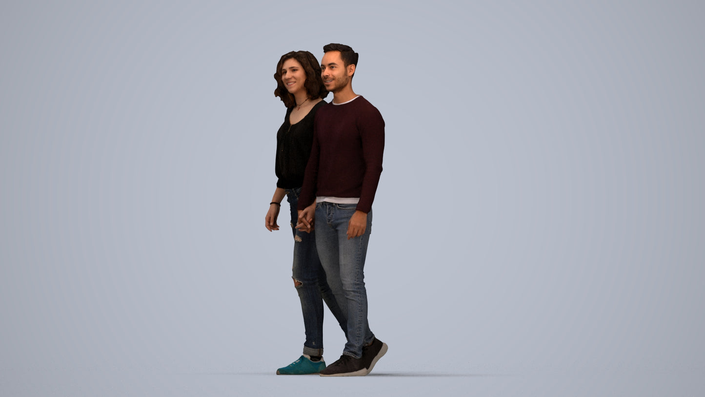 realistic 3D woman casual couple, scanned archviz people for Blender and 3ds Max, top-down view render