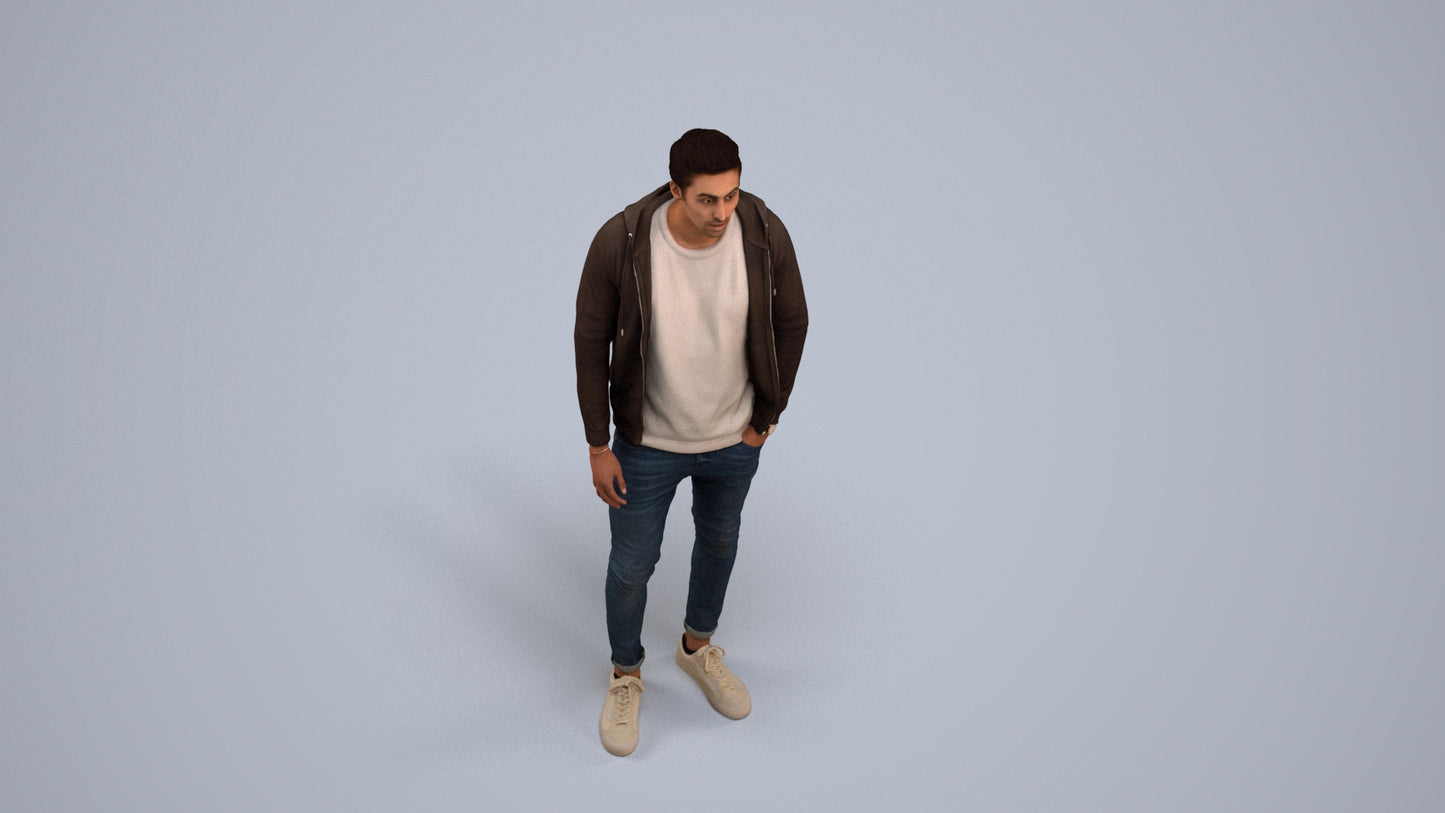 photogrammetry 3D man casual walking, realistic human model archviz FBX, back view render