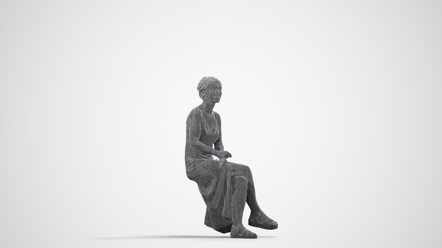 3D people model senior woman sitting, scanned human for 3ds Max rendering, wireframe side view