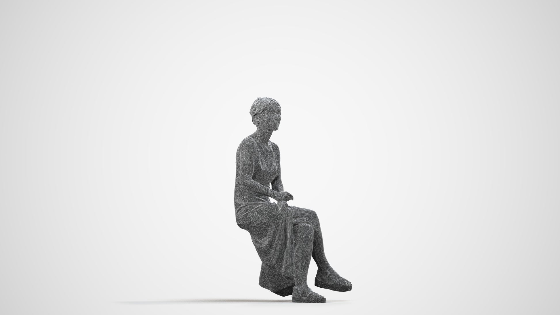 3D people model senior woman sitting, scanned human for 3ds Max rendering, wireframe side view
