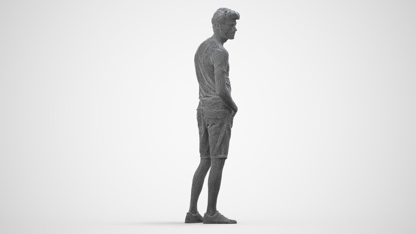 3D scanned man standing casual, photorealistic archviz people for Enscape and SketchUp, wireframe side view