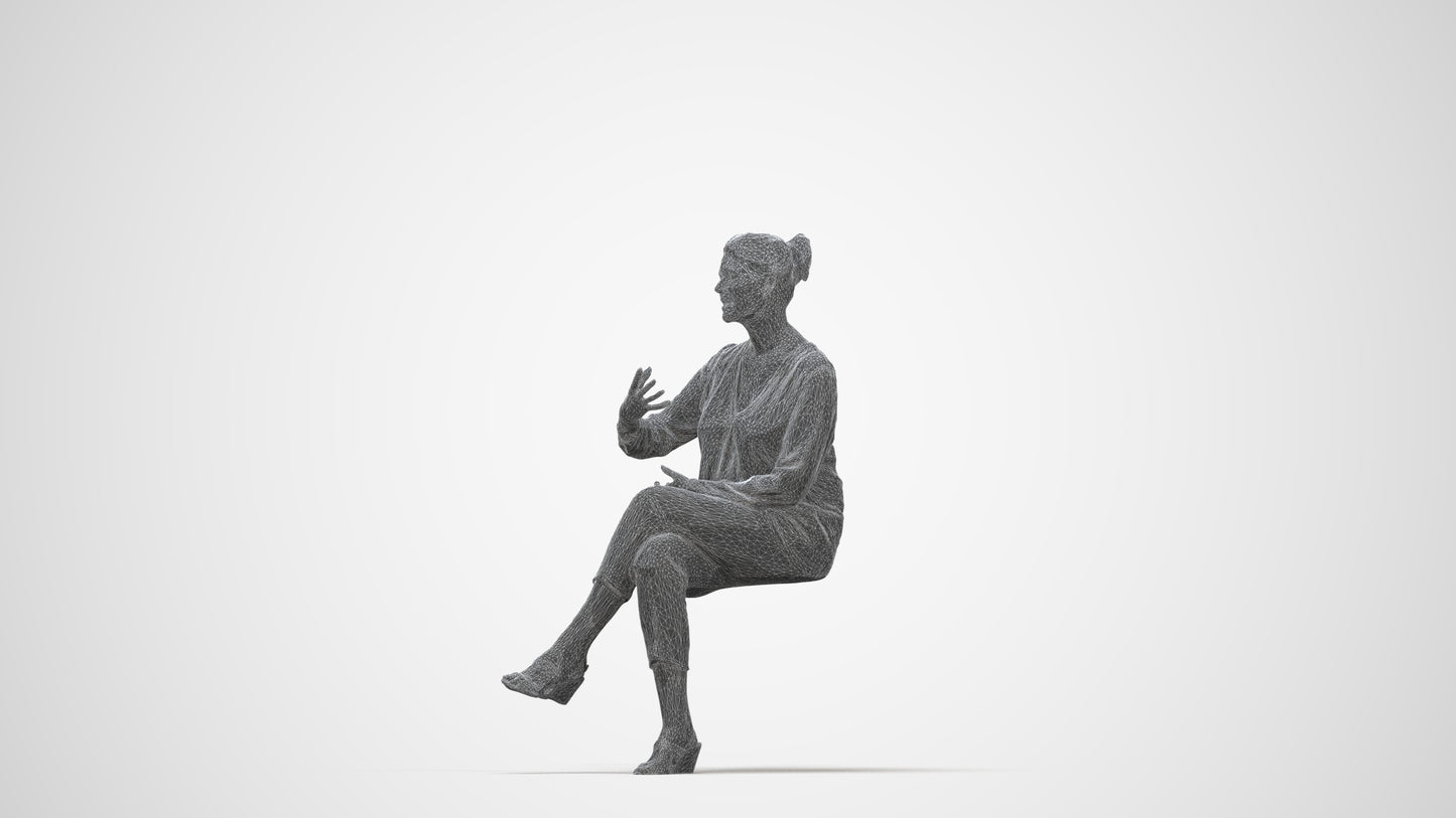 3D human model woman casual sitting, photogrammetry scanned person for archviz, wireframe back view