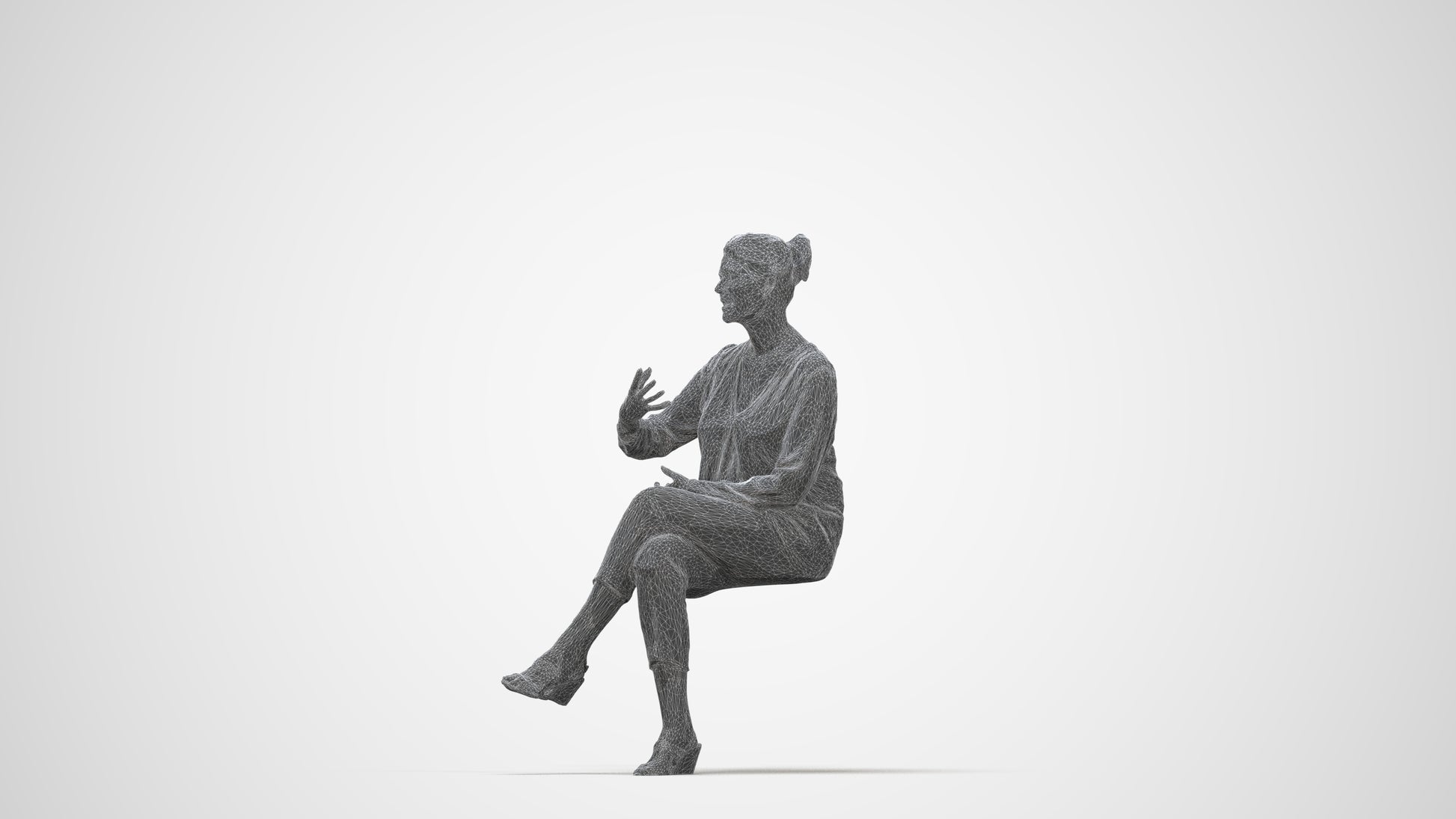 3D human model woman casual sitting, photogrammetry scanned person for archviz, wireframe back view