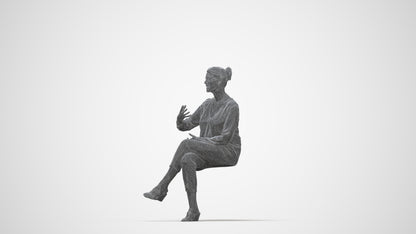 3D human model woman casual sitting, photogrammetry scanned person for archviz, wireframe back view