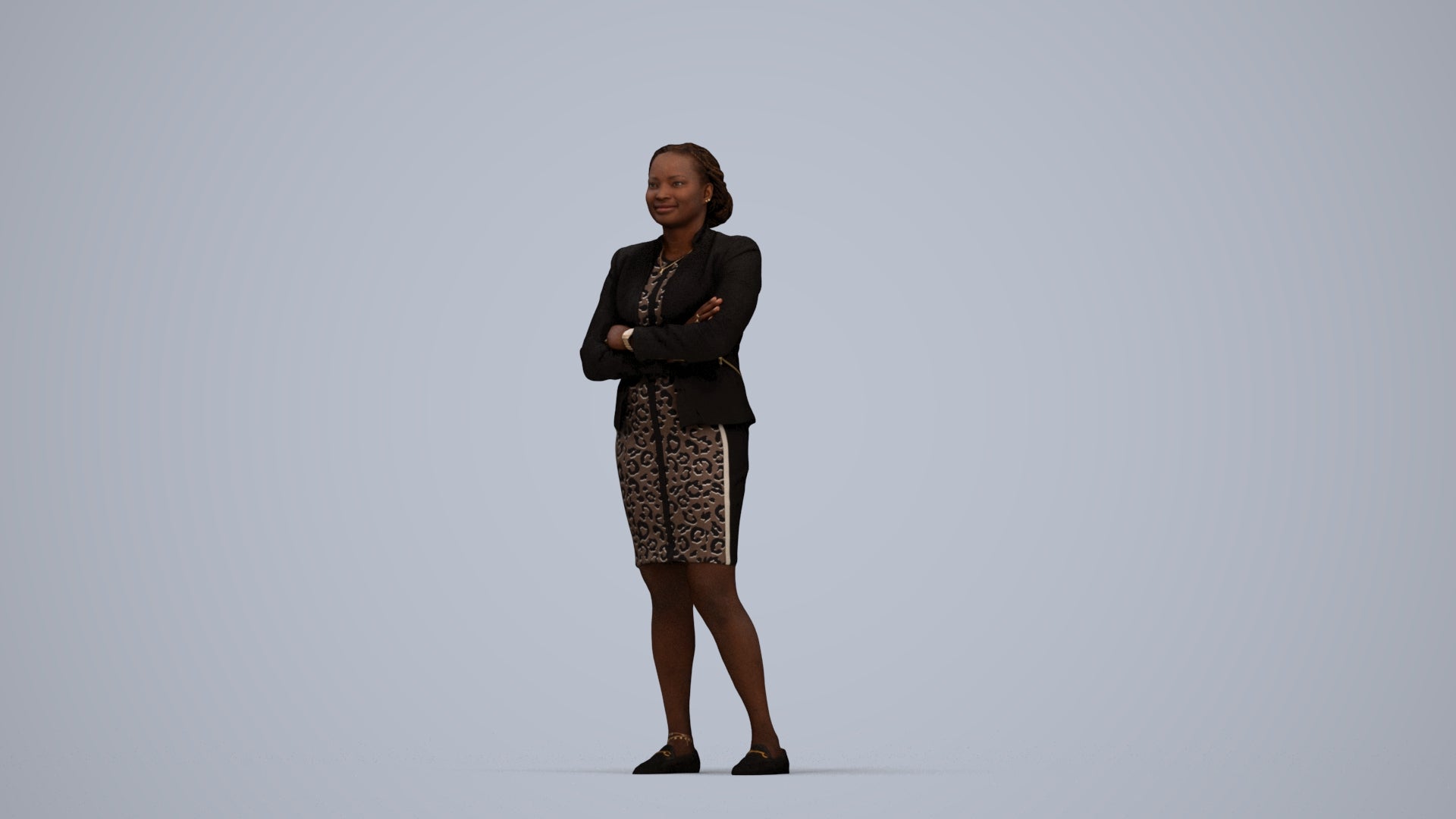 realistic 3D people woman business standing, render-ready for V-Ray and Corona, FBX OBJ, top-down view render