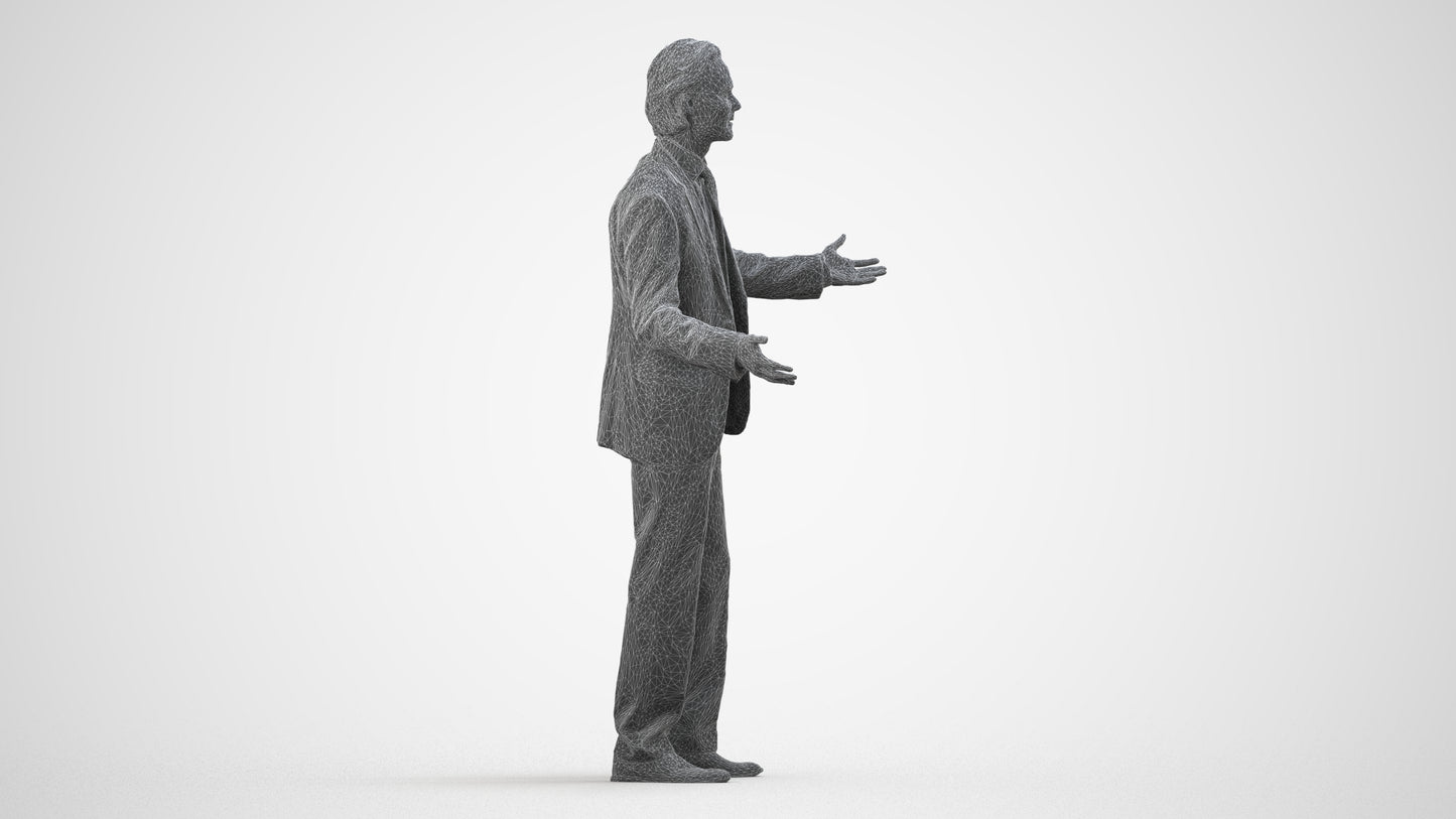 3D human model man business, photogrammetry scanned person for archviz, wireframe side view