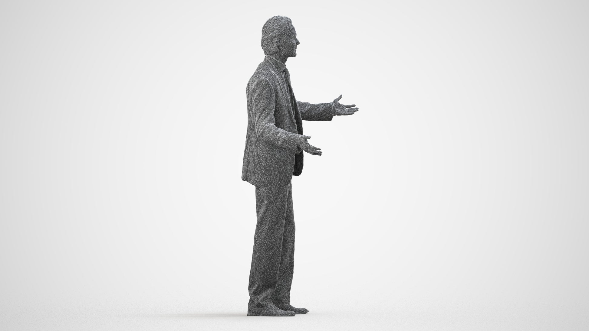 3D human model man business, photogrammetry scanned person for archviz, wireframe side view