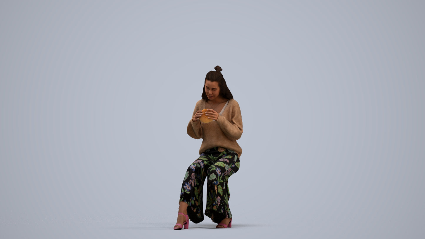 3D human model woman casual sitting, photogrammetry scanned person for archviz, standing pose render