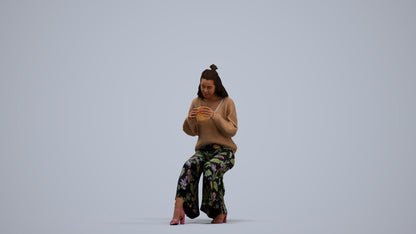 3D human model woman casual sitting, photogrammetry scanned person for archviz, standing pose render
