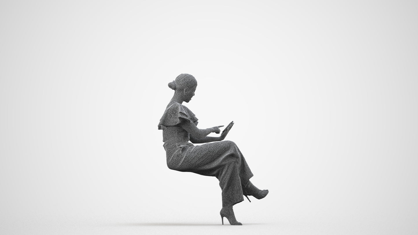 3D scanned woman sitting business, photorealistic archviz people for Enscape and SketchUp, wireframe side view