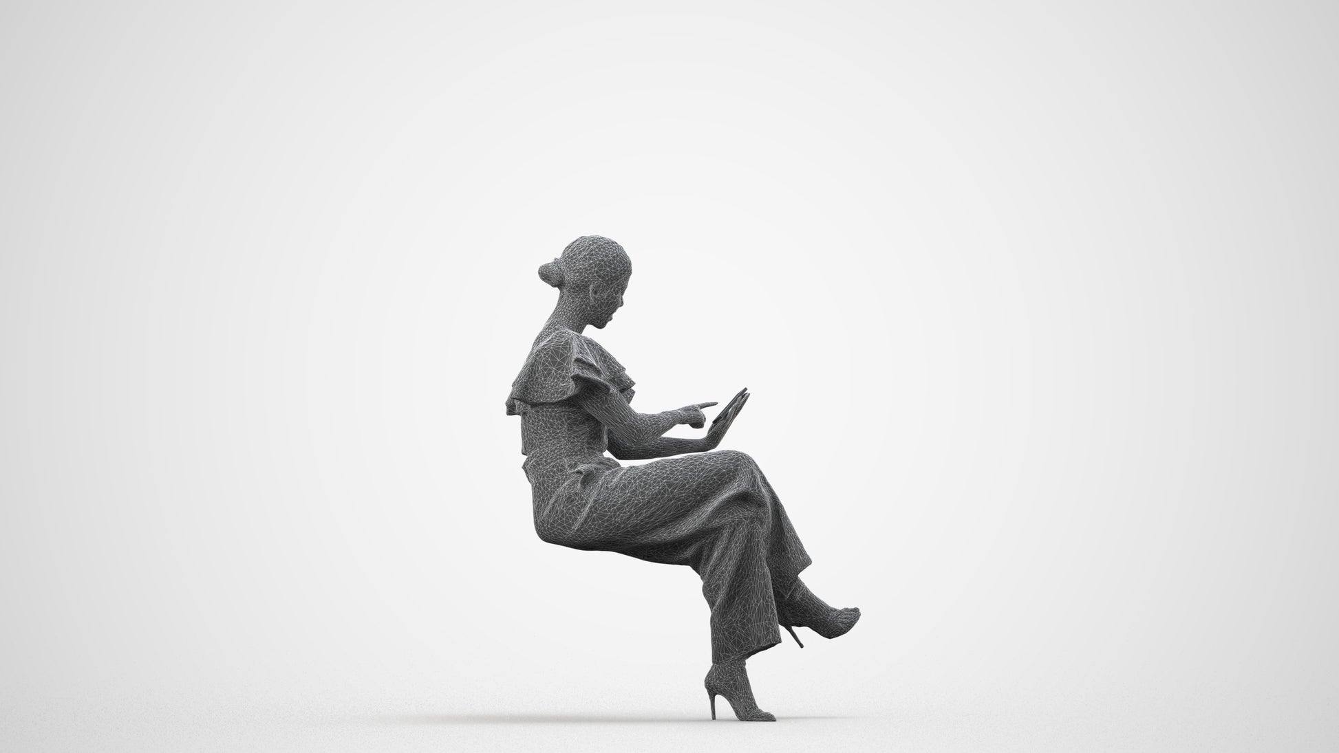 3D scanned woman sitting business, photorealistic archviz people for Enscape and SketchUp, wireframe side view