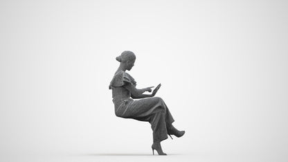 3D scanned woman sitting business, photorealistic archviz people for Enscape and SketchUp, wireframe side view