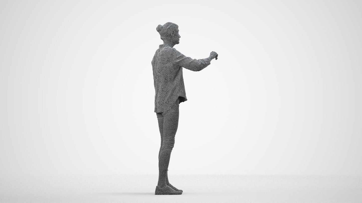 3D scanned senior woman standing casual, photorealistic archviz people for Enscape and SketchUp, wireframe side view