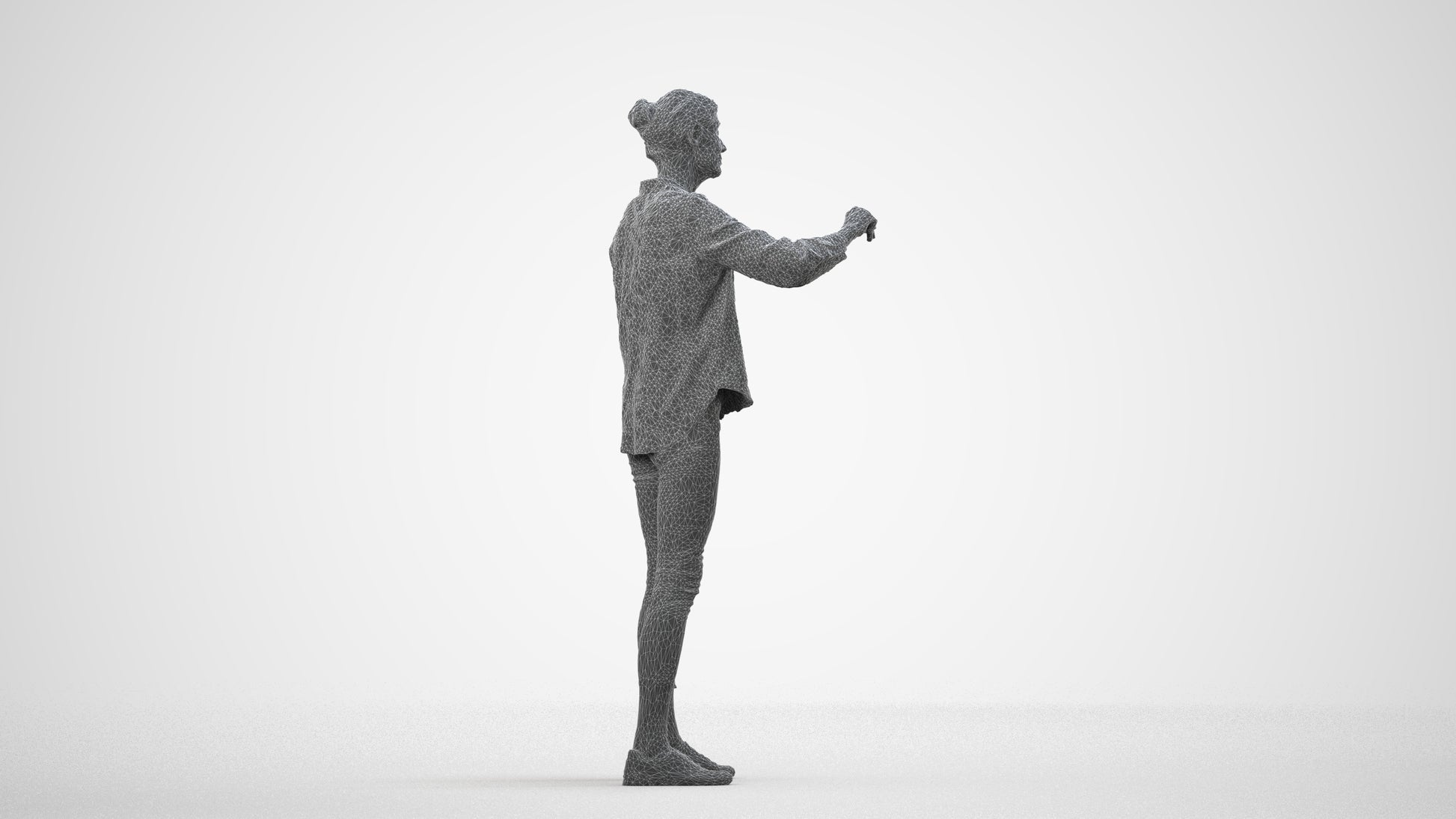 3D scanned senior woman standing casual, photorealistic archviz people for Enscape and SketchUp, wireframe side view