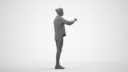 3D scanned senior woman standing casual, photorealistic archviz people for Enscape and SketchUp, wireframe side view