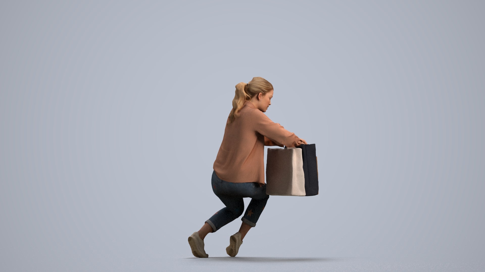 3D human model woman casual shopping, photogrammetry scanned person for archviz, front view render
