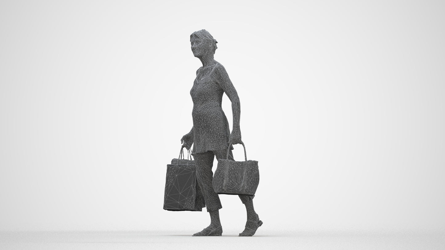 3D human model senior woman casual shopping, photogrammetry scanned person for archviz, wireframe back view