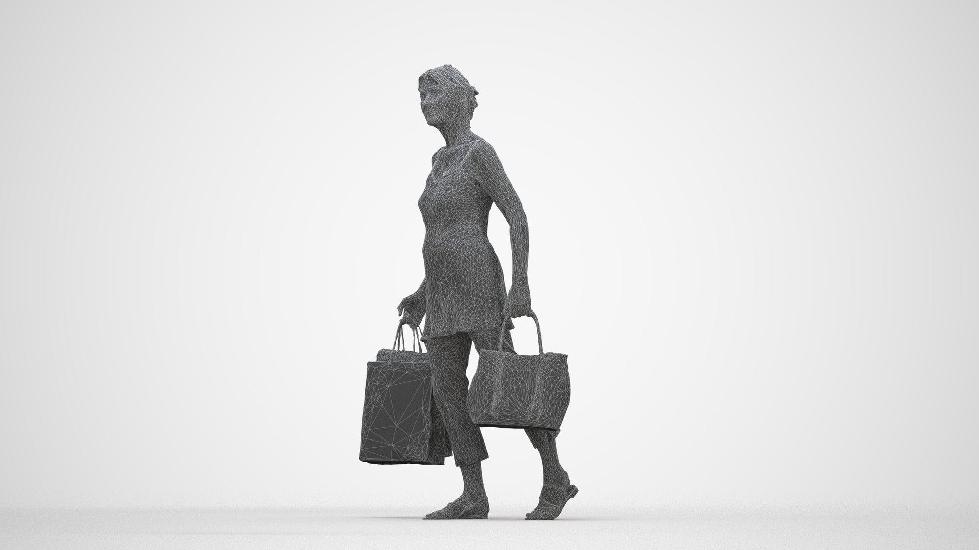 3D human model senior woman casual shopping, photogrammetry scanned person for archviz, wireframe back view