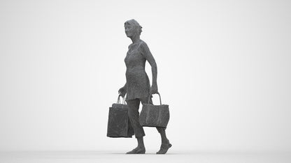3D human model senior woman casual shopping, photogrammetry scanned person for archviz, wireframe back view