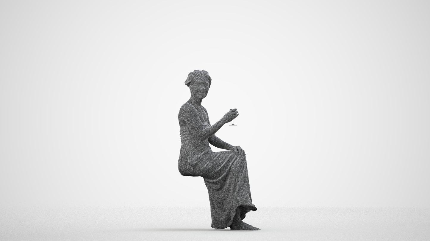 photogrammetry 3D woman casual sitting, realistic human model archviz FBX, wireframe side view