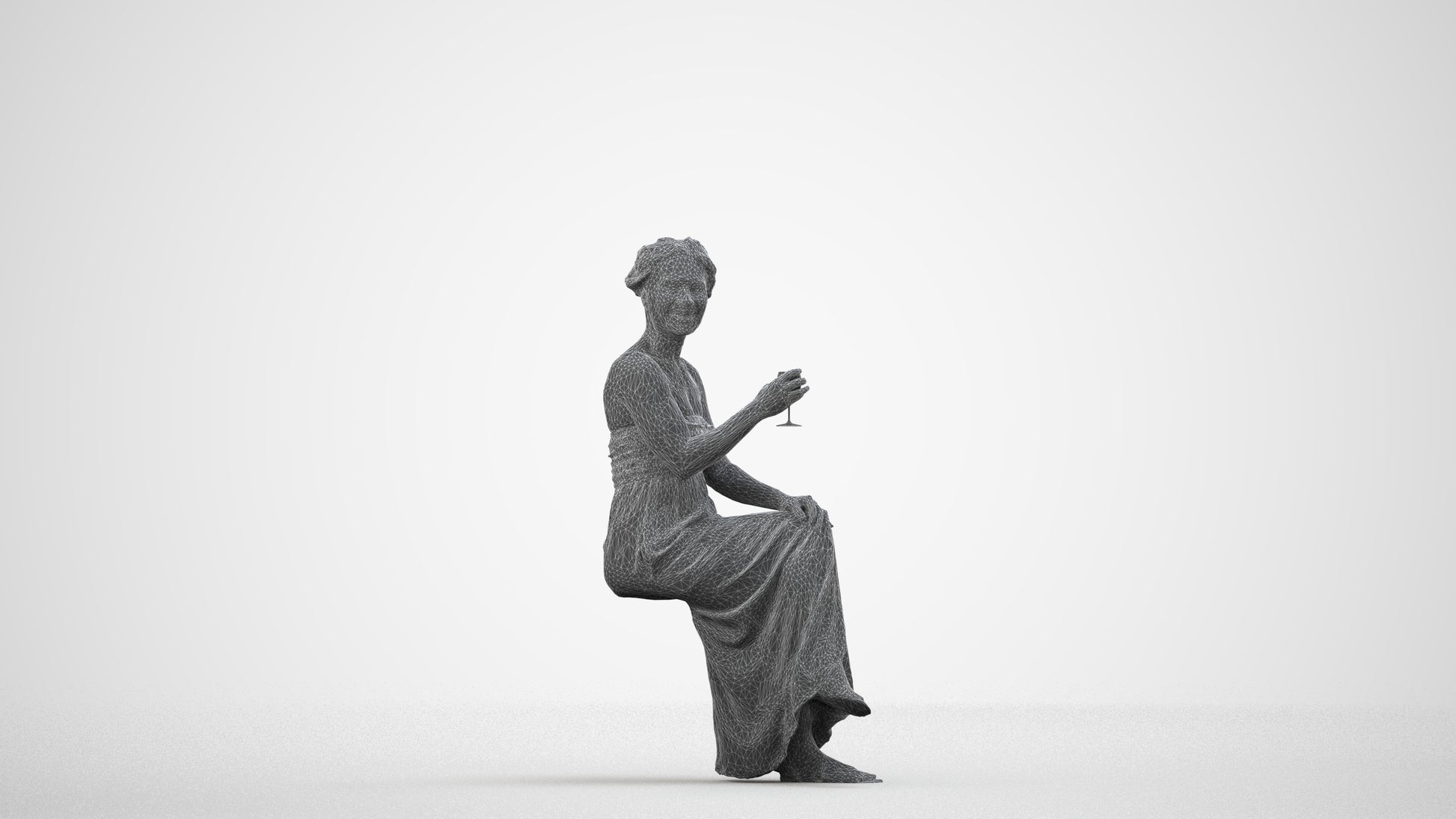 photogrammetry 3D woman casual sitting, realistic human model archviz FBX, wireframe side view