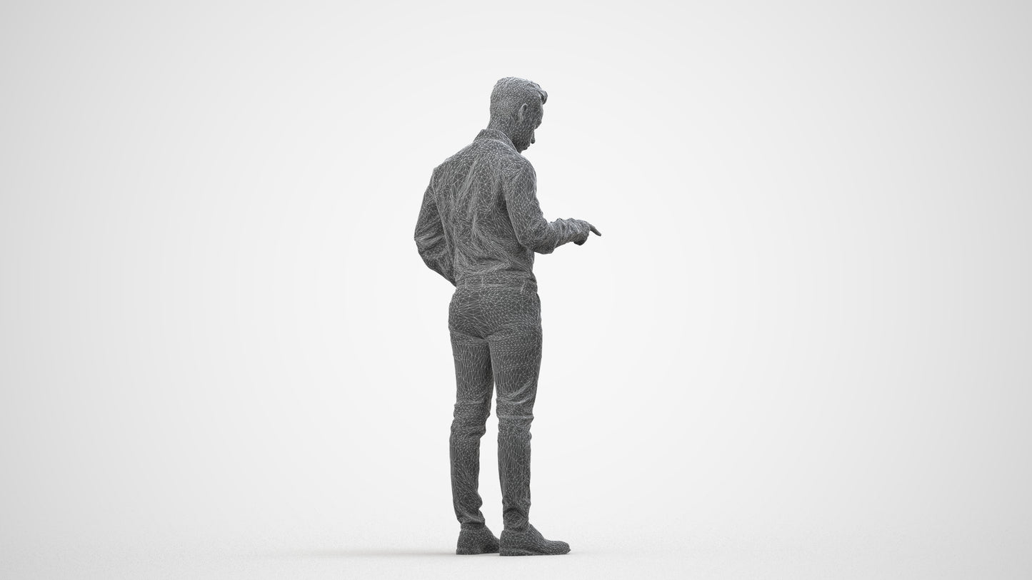 realistic 3D man business standing, scanned archviz people for Blender and 3ds Max, wireframe side view