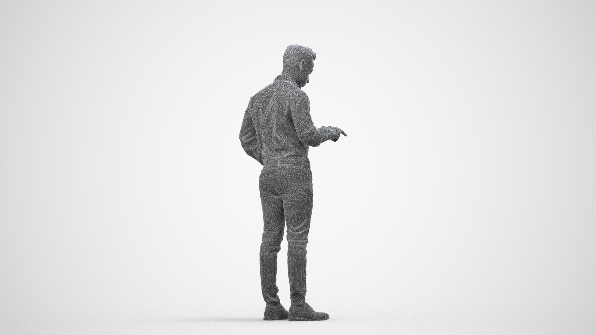 realistic 3D man business standing, scanned archviz people for Blender and 3ds Max, wireframe side view